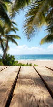 Relaxing beach view with wooden table in tropical paradise photo