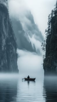 Serene boat journey through misty mountain landscape at dawn photo