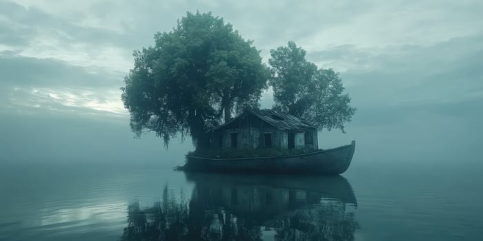 Mysterious abandoned house on a boat surrounded by foggy water photo
