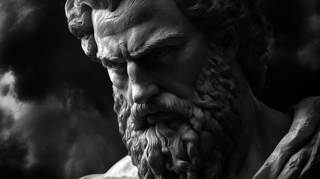 Depiction of a classical marble statue with intense facial expression and detail photo