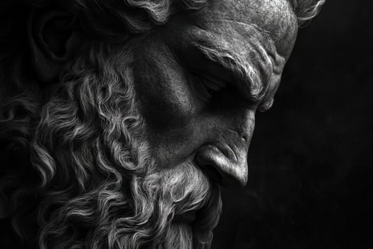 Ancient statue of a wise figure with a long beard in dramatic lighting photo