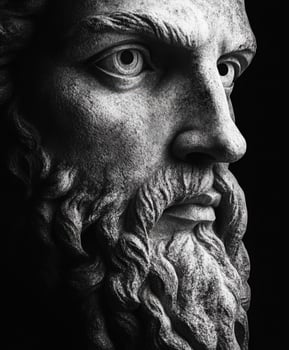 Detailed close-up of a classical stone sculpture face against a dark background photo