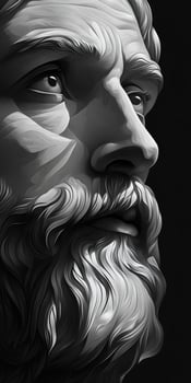 Detailed portrait of a man with a beard gazing thoughtfully in black and white photo