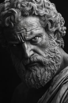 Ancient sculpture of a bearded philosopher exuding wisdom and strength photo