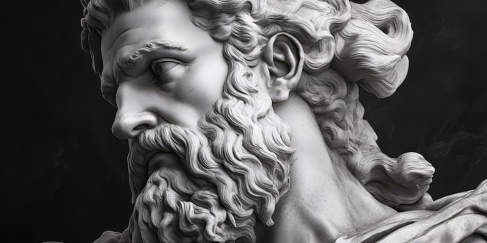 Marble sculpture of a bearded figure with flowing hair in a dramatic pose photo