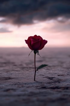 Red rose standing alone in a sandy landscape at sunset photo