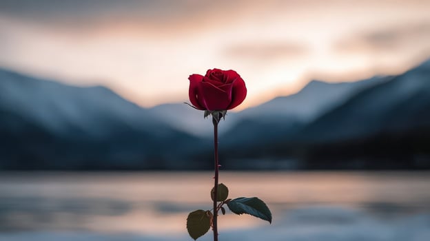 Red rose stands alone against a scenic winter mountain backdrop at sunset photo
