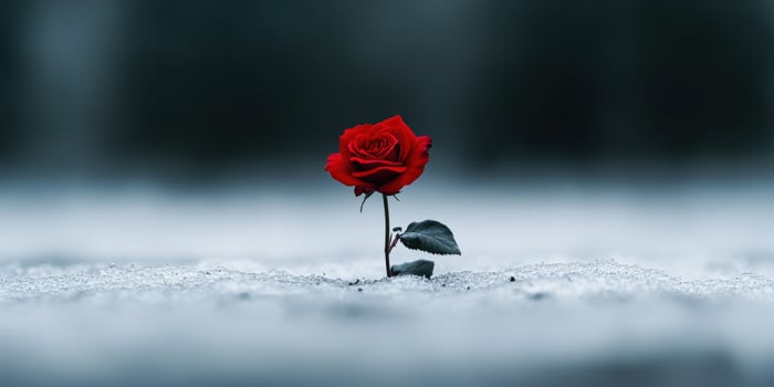 Vibrant red rose stands resilient in a frost-covered landscape photo
