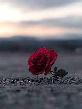 Single red rose lying on the ground during sunset in a serene environment photo