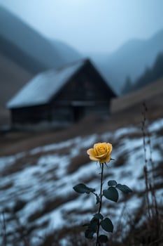 Yellow rose blooms in winter landscape near rustic cabin at dusk photo