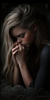 Emotional young woman expressing deep feelings in a dark setting photo