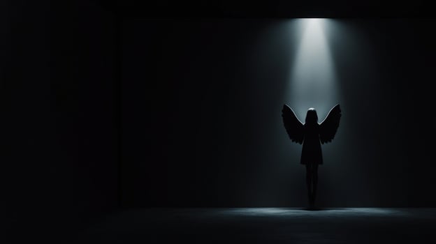 Silhouette of a figure with wings illuminated in a dark space photo