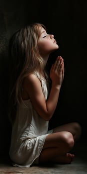 Child in prayer with closed eyes in a dimly lit room photo
