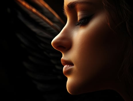Captivating profile of a woman with dark wings in dramatic lighting photo