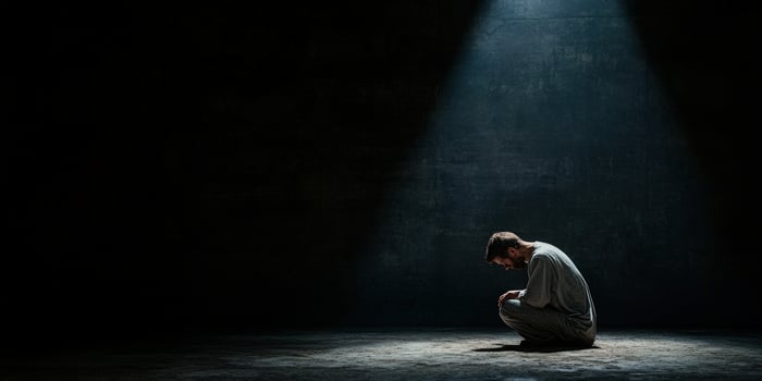 Man in a dark room experiencing solitude and reflection during a quiet moment photo