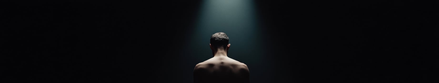 Man under a spotlight in a dark space during a moment of introspection photo