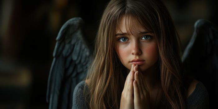Young girl with angel wings expresses hope and longing in a dimly lit setting photo