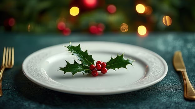 A plate with holly berries and a fork and knife photo