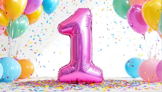 Pink-themed celebration for a one-year-old with balloons, confetti, and large number 1 balloon. photo