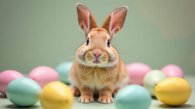 Adorable bunny surrounded by colorful Easter eggs with green background. photo