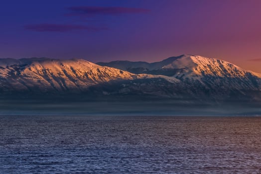 Landscape of the snowy mountain lake. Nature background. photo