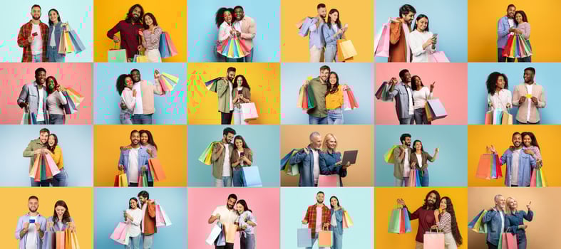 Groups of diverse individuals enjoy shopping together, holding colorful bags while celebrating a big sale. photo