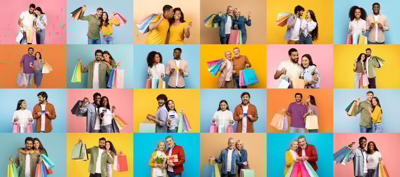 Groups of diverse individuals celebrate while shopping, holding colorful bags and showcasing their excitement during a black friday sale. photo