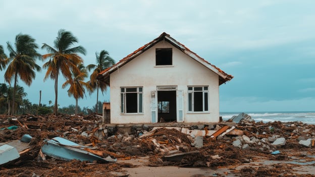 image depicts damaged coastal house surrounded by debris, highlighting impact of climate change photo