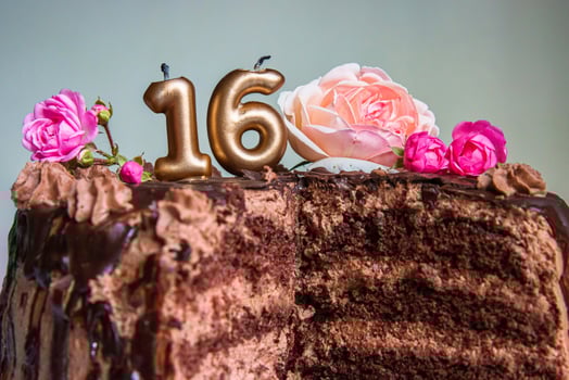 Sweet sixteen chocolate birthday cake decorated with golden glowing lit 16 candles and pink roses. Handmade torte for celebration of a special milestone event. Copy space 4 photo