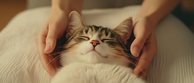 Cat enjoying gentle back rub, eyes closed in blissful relaxation, surrounded by loving hands. serene moment of connection and comfort photo
