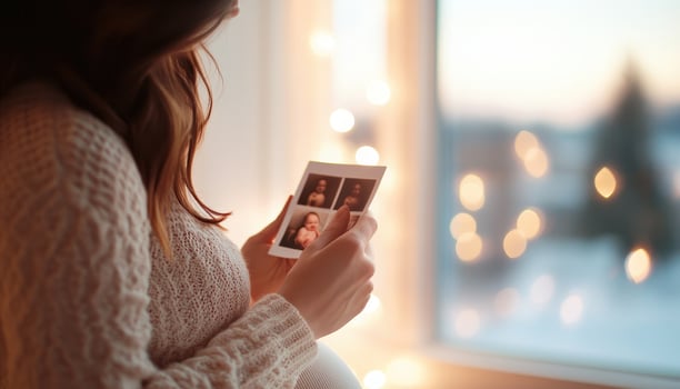 pregnant woman holding ultrasound photos, surrounded by soft lights, captures moment of joy and anticipation photo