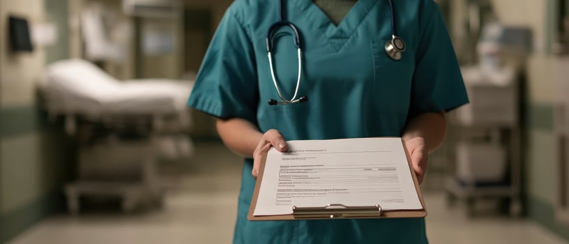 Healthcare provider holding clipboard in hospital setting, conveying professionalism and care photo