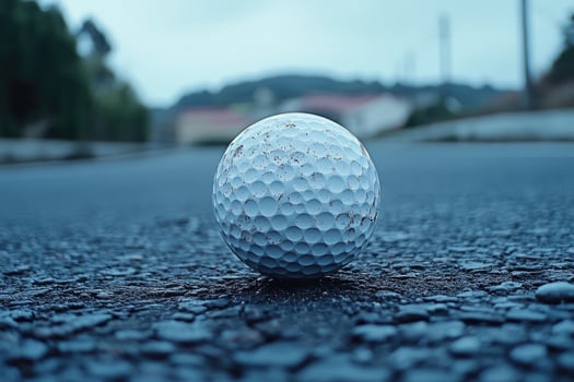 Golf ball resting on frosted grass in early morning light. photo