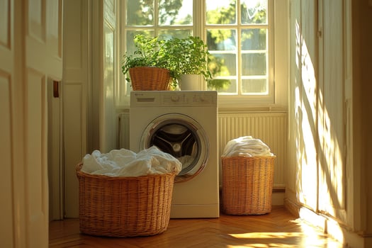 Washing machine with laundry baskets in cozy sunlit laundry room photo
