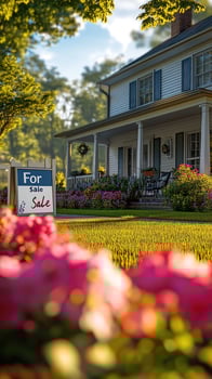Charming house for sale with beautiful garden during golden hour. photo