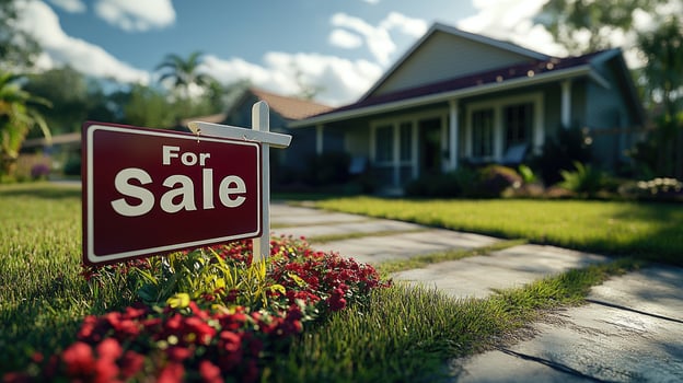 Beautiful suburban house for sale with sign in the front yard during sunset. photo