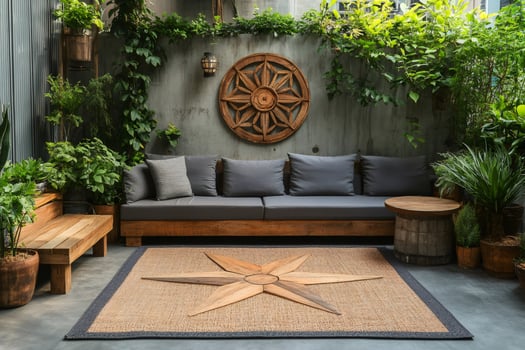 Relaxing patio area featuring wooden sofa, rug, and lush greenery photo
