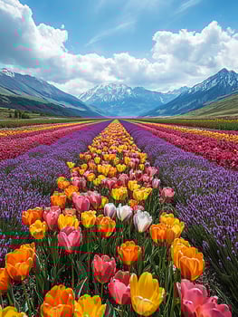 Colorful tulips and lavender blooming in a mountain valley photo