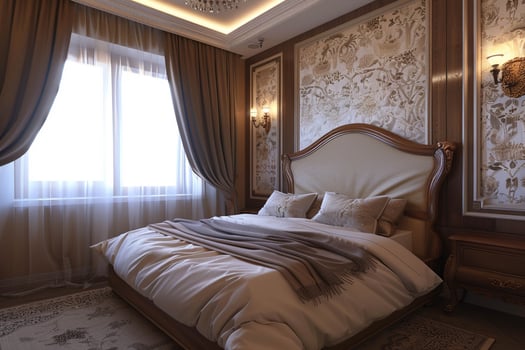 Stylish bedroom interior features comfortable bed with elegant d photo