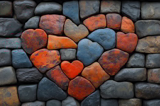 A wall made of stones has several stones shaped and colored to form a heart pattern. photo