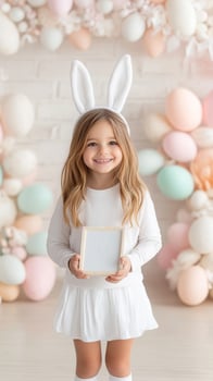 cute girl in bunny ears holding Easter painting, photo
