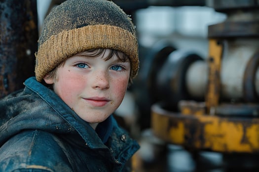 A boy in dirty work clothes at an oil station with a mining platform and drilling rig photo