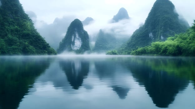 Fog is covering the li river and karst mountains of yangshuo in china photo