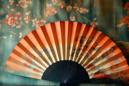 Elegant japanese fan displayed against a matching floral backdrop, showcasing traditional artistry photo