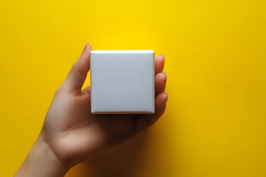 Minimalist Design Concept with Hand Holding a White Gift Box on Vibrant Yellow Background photo