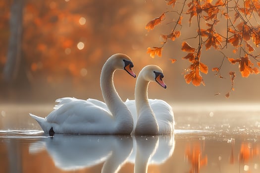 Romantic Autumn Swans on Tranquil Lake with Golden Foliage photo