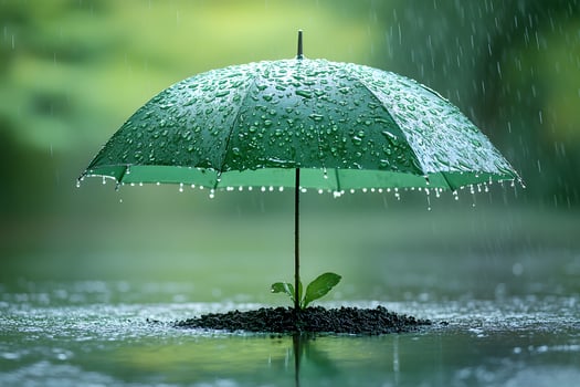Green Umbrella Over Sapling in Rain Nature Protection and Growth Concept photo