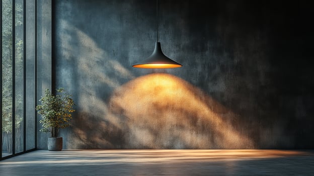 A room with a light shining on a lamp photo