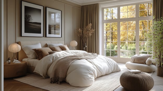 A bedroom with a large bed and a window photo