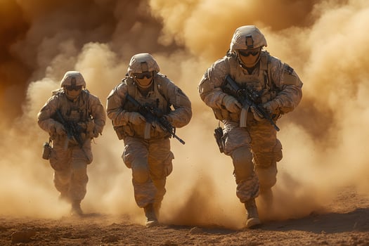 Intense Military Operation Soldiers Advancing Through Dust and Smoke in Combat Gear photo